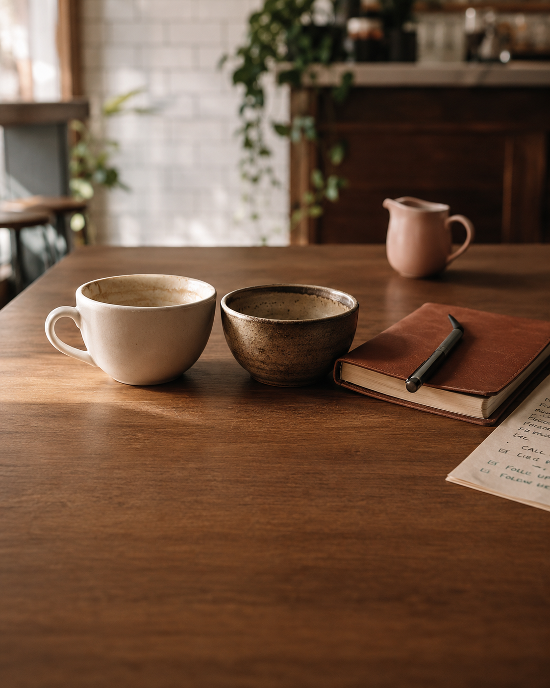 Two coffee cups, a leather notebook with a pen, and a handwritten task list on a warm wooden cafe table.