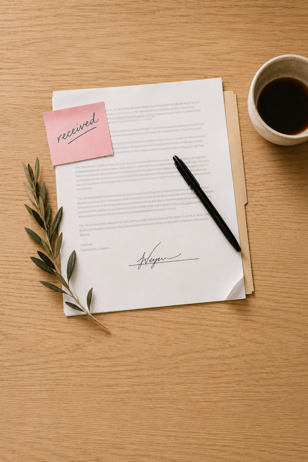An executed contract on a wood desk with a black pen, a pink &lsquo;received&rsquo; sticky note, an olive branch, and a cup of coffee.