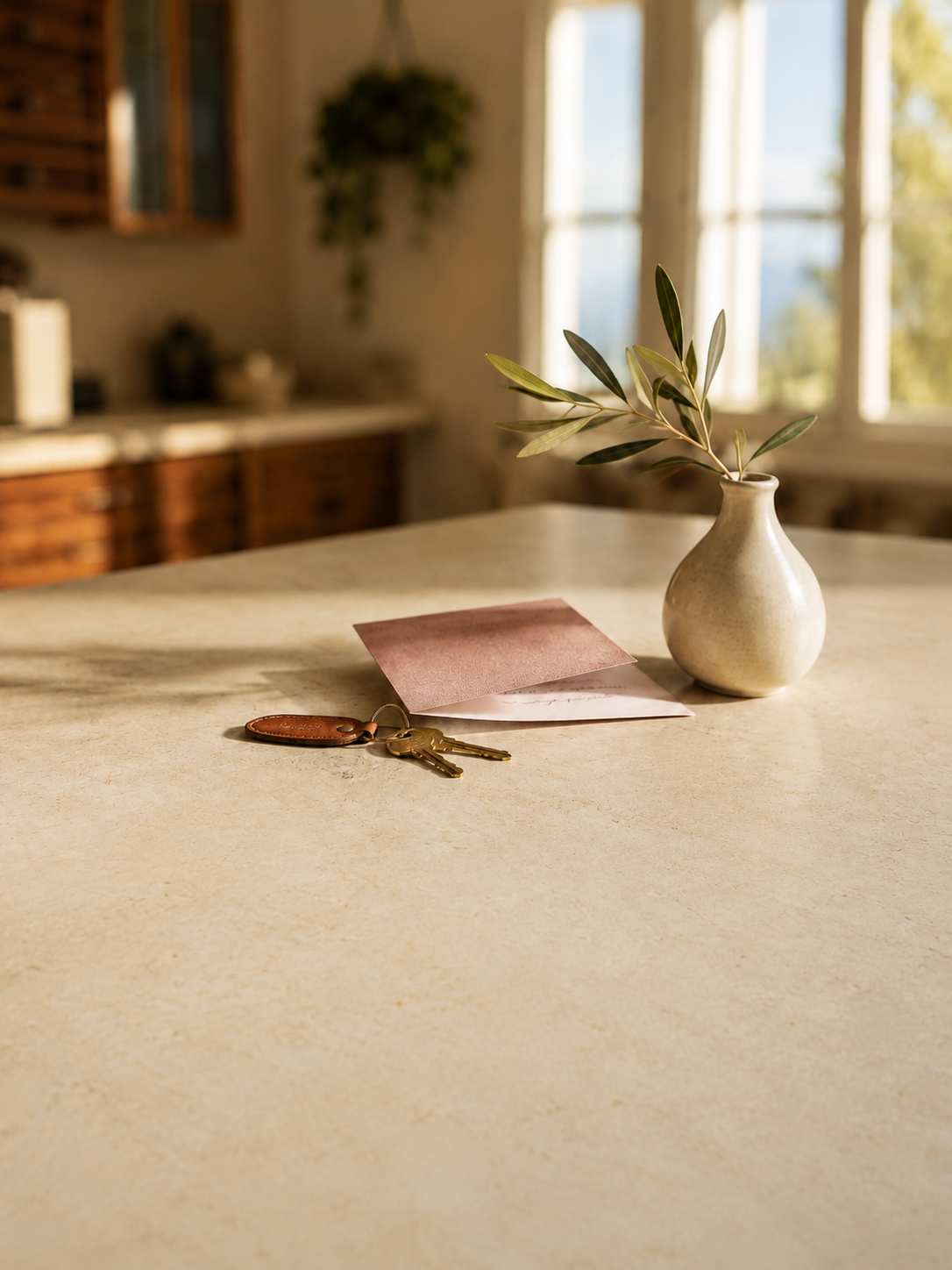 A set of house keys with a leather tag and a handwritten thank-you card on a sunlit countertop, next to a vase of olive branches.