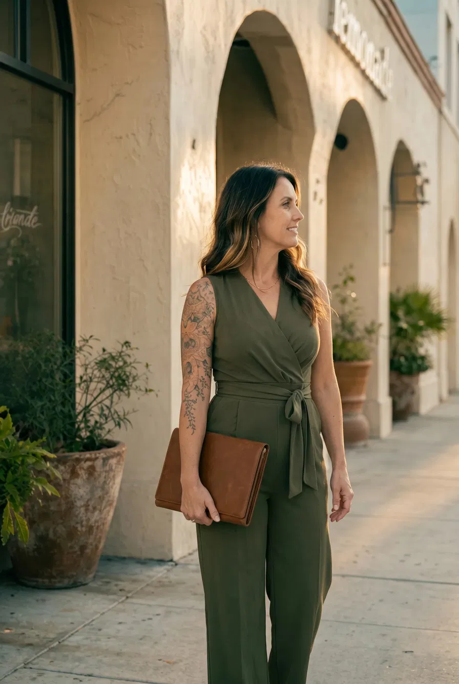 Julie in a deep-olive jumpsuit, profile turned toward the warm rim light of the arched colonnade at golden hour, St. Petersburg.